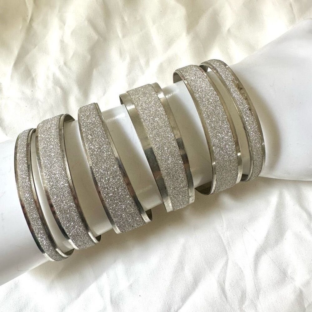 Silver tone glittery long wide arm bracelet